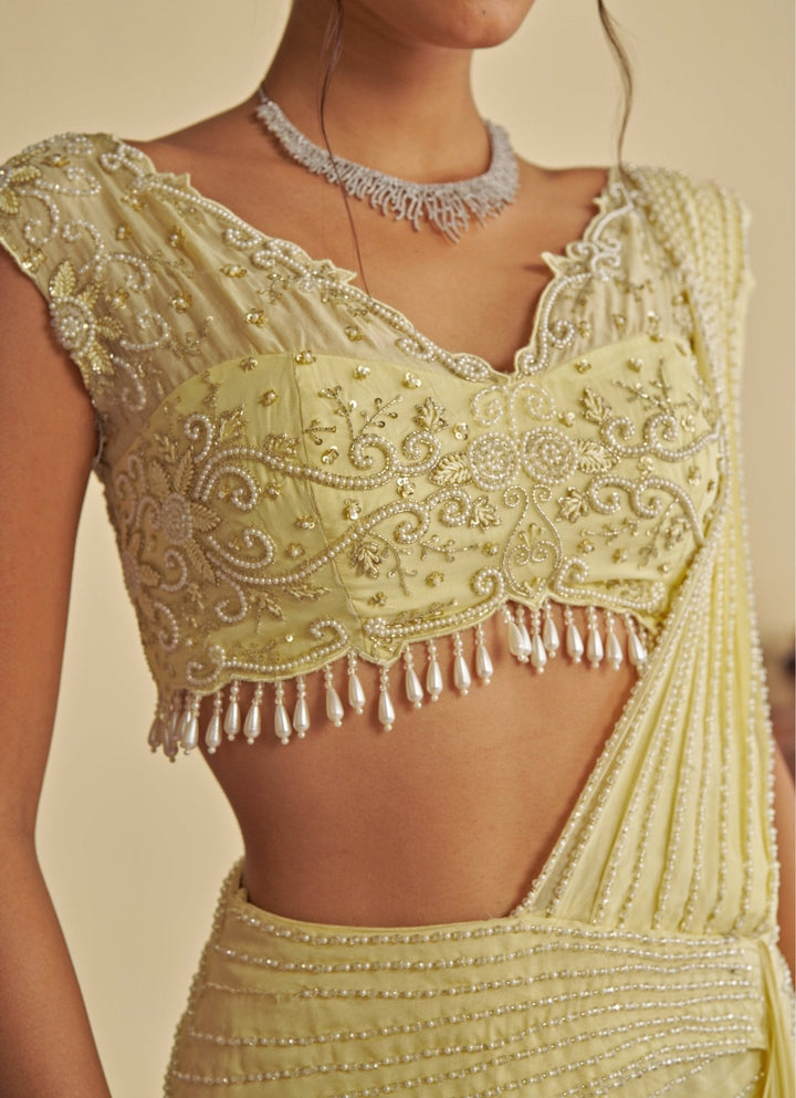 Yellow Embroidered Predraped Skirt Saree Jade by Ashima - Fabilicious Fashion