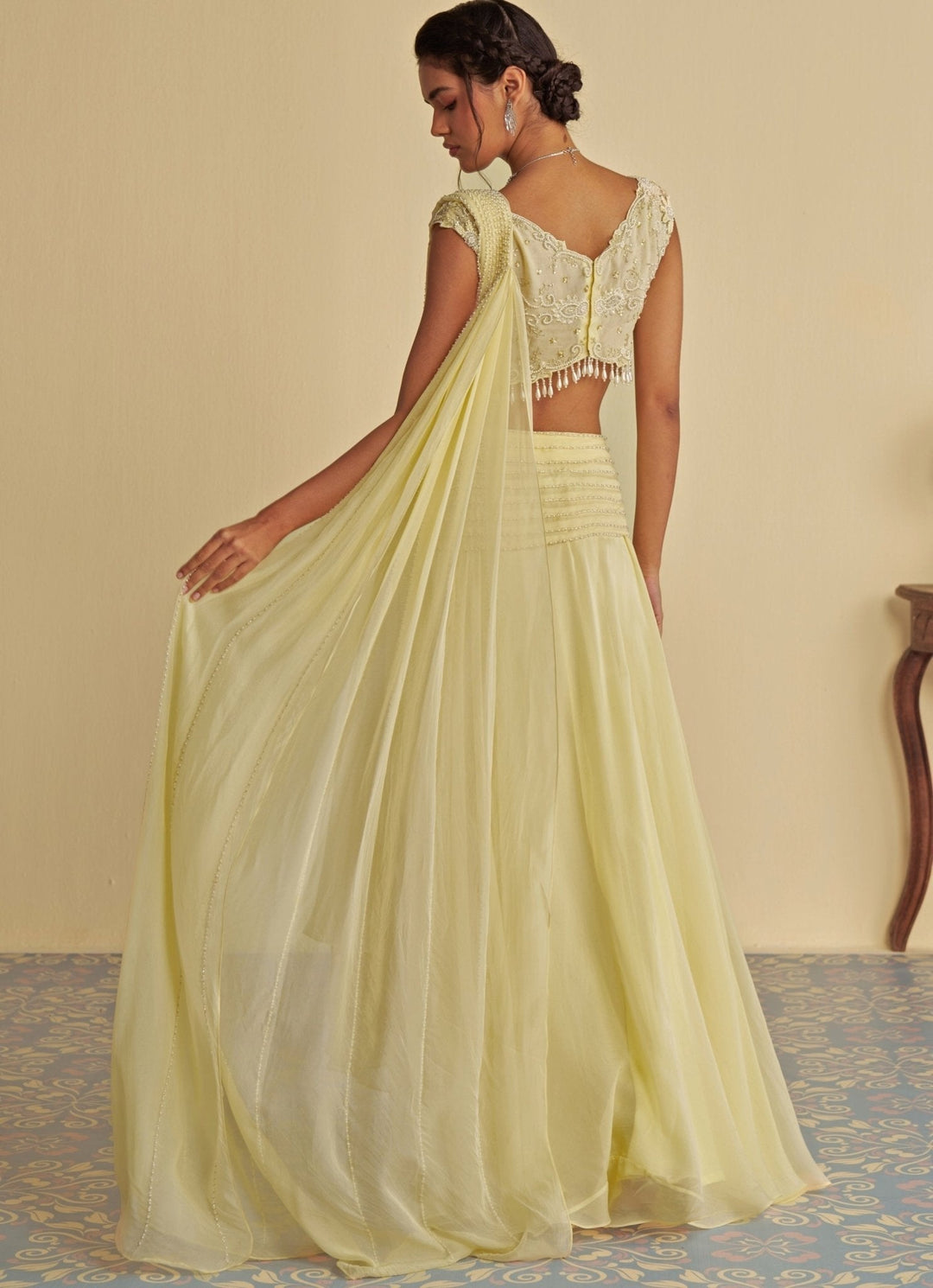 Yellow Embroidered Predraped Skirt Saree Jade by Ashima - Fabilicious Fashion