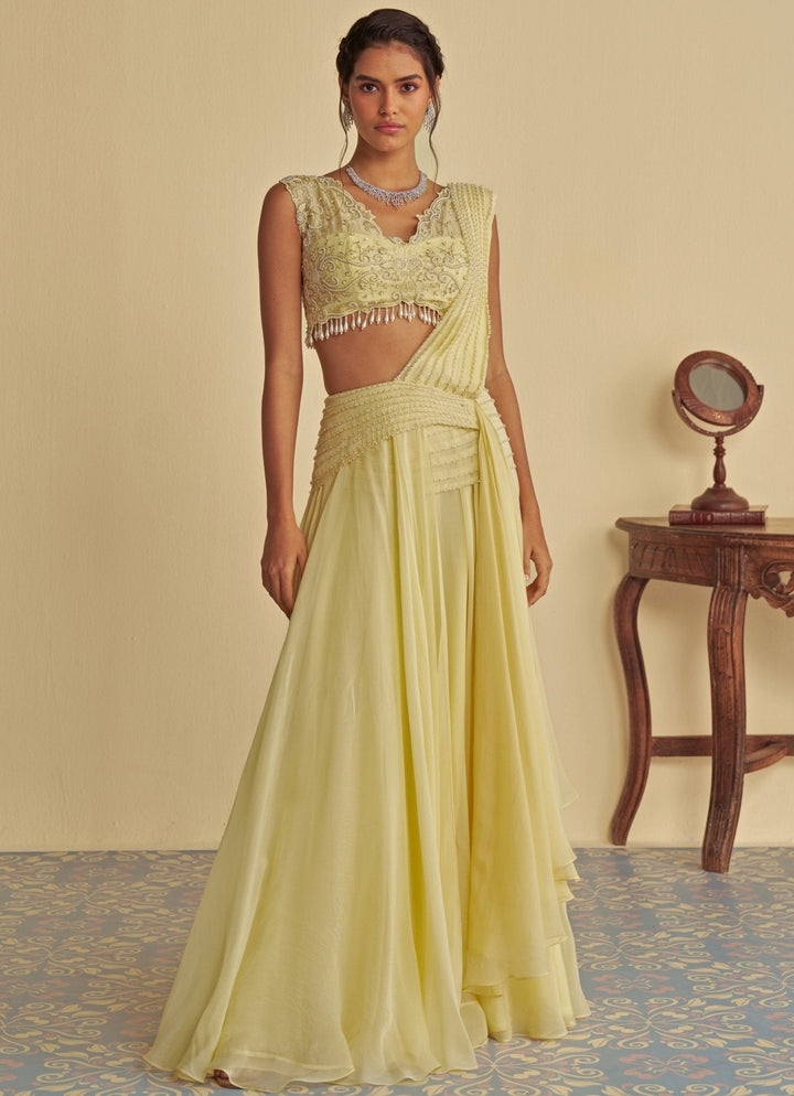 Yellow Embroidered Predraped Skirt Saree Jade by Ashima - Fabilicious Fashion