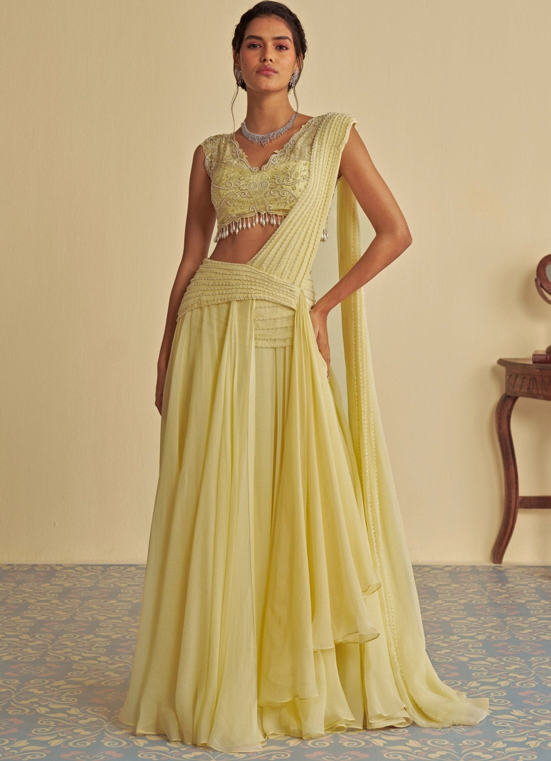 Yellow Embroidered Predraped Skirt Saree Jade by Ashima - Fabilicious Fashion
