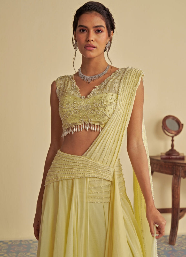 Yellow Embroidered Predraped Skirt Saree Jade by Ashima - Fabilicious Fashion