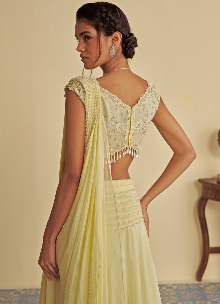 Yellow Embroidered Predraped Skirt Saree Jade by Ashima - Fabilicious Fashion