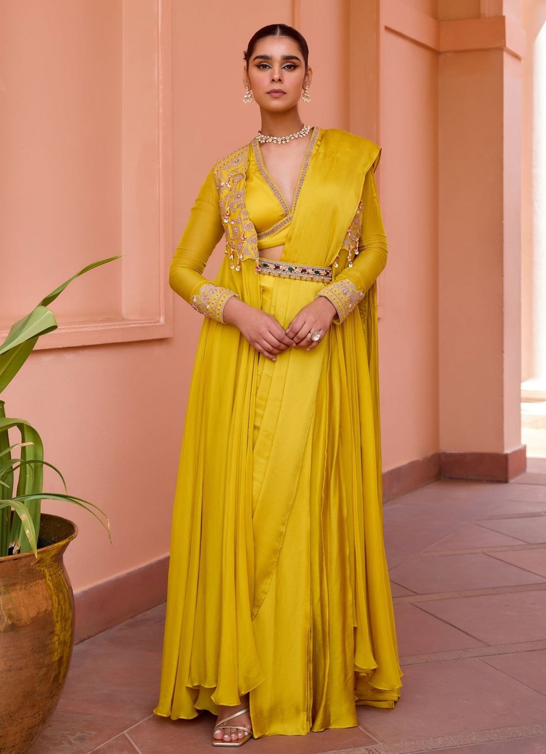 Yellow Embroidered Satin Pre - Draped Saree With Cape Isha Gupta Tayal - Fabilicious Fashion