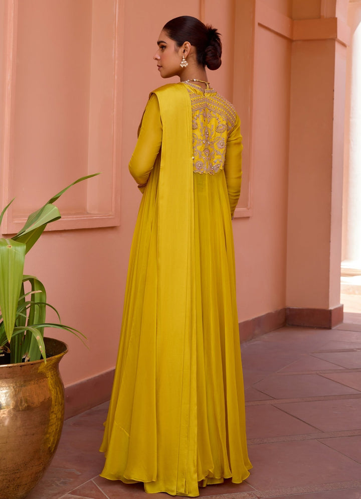 Yellow Embroidered Satin Pre - Draped Saree With Cape Isha Gupta Tayal - Fabilicious Fashion