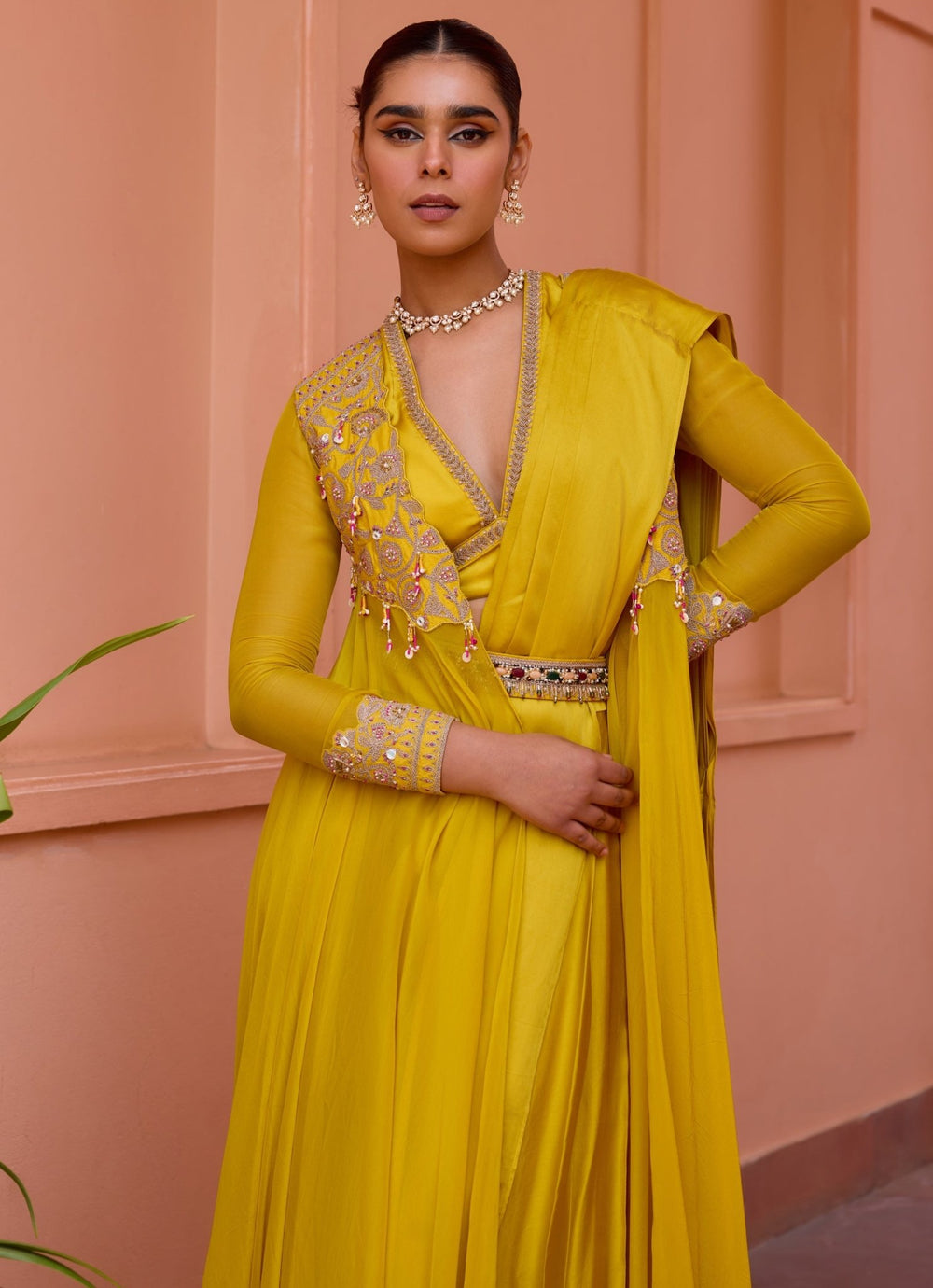Yellow Embroidered Satin Pre - Draped Saree With Cape Isha Gupta Tayal - Fabilicious Fashion