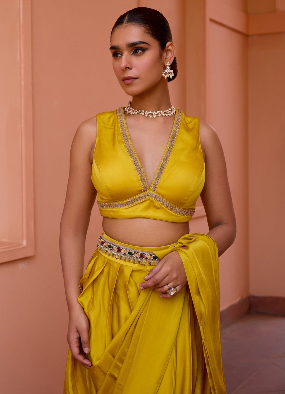Yellow Embroidered Satin Pre - Draped Saree Isha Gupta Tayal - Fabilicious Fashion