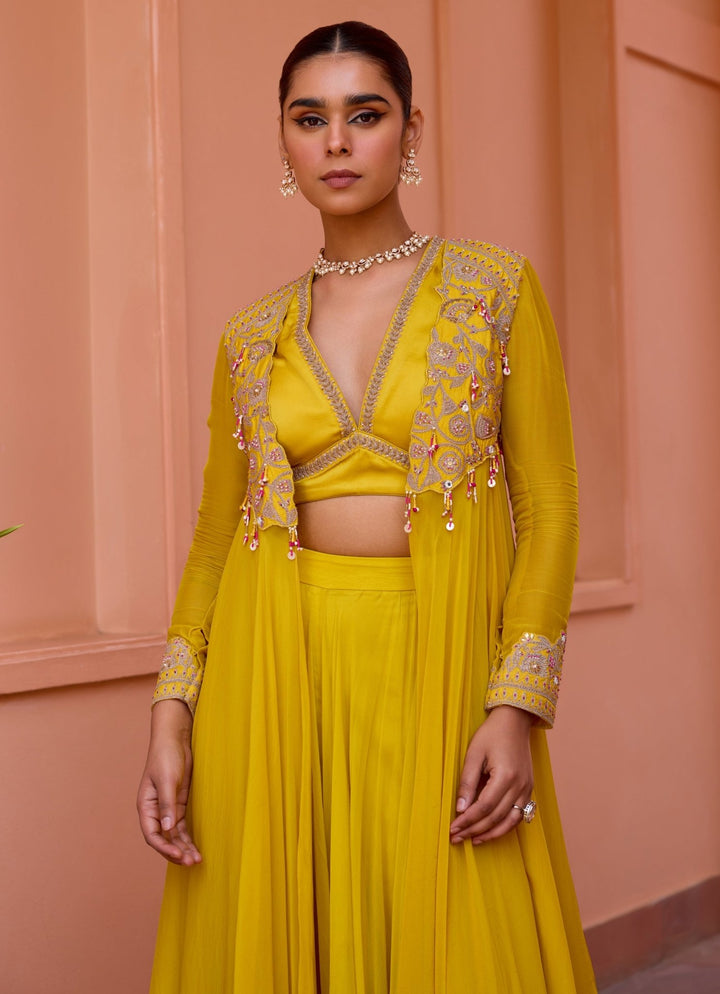 Yellow Embroidered Sharara Set With Cape Isha Gupta Tayal - Fabilicious Fashion