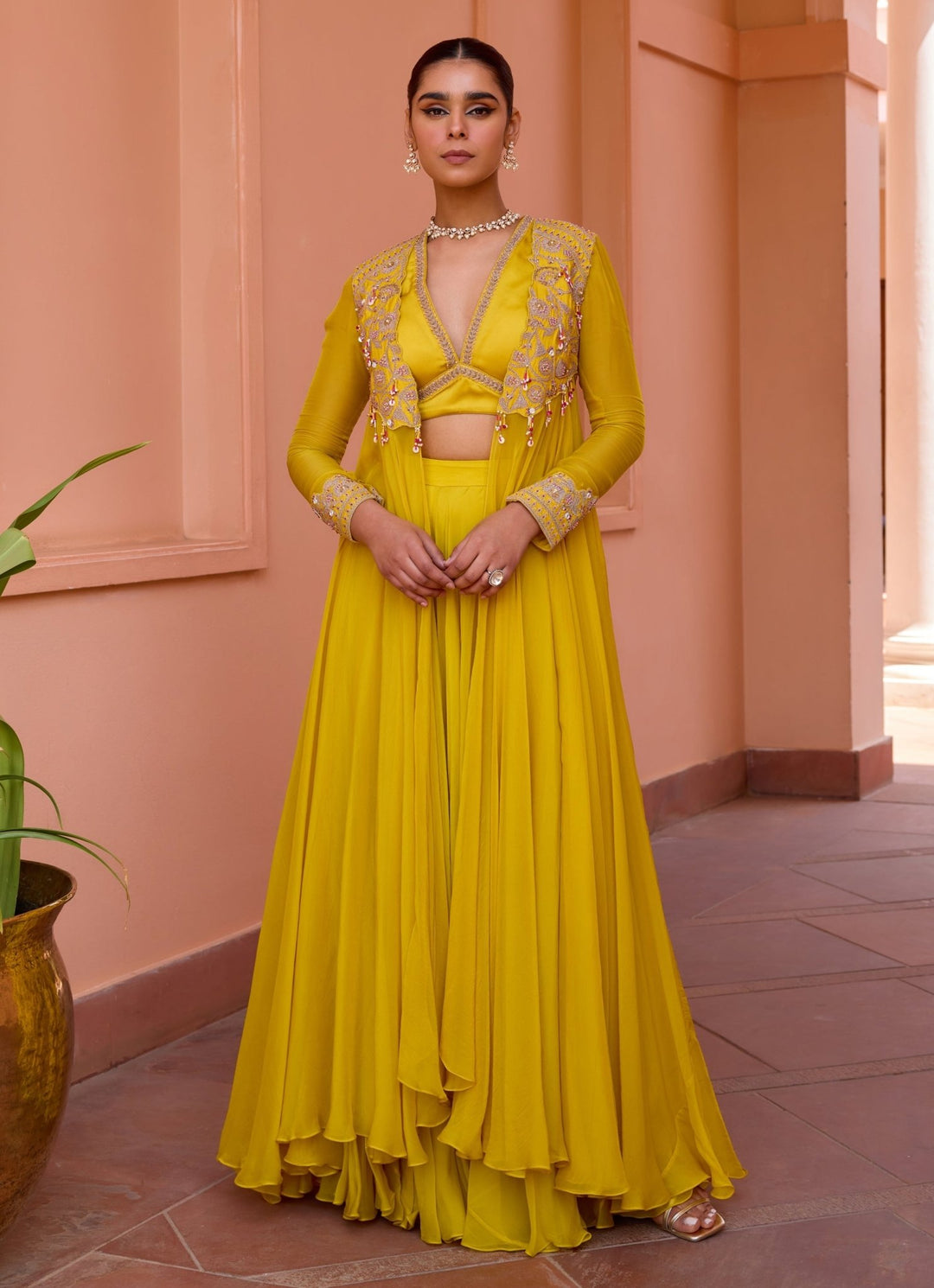Yellow Embroidered Sharara Set With Cape Isha Gupta Tayal - Fabilicious Fashion