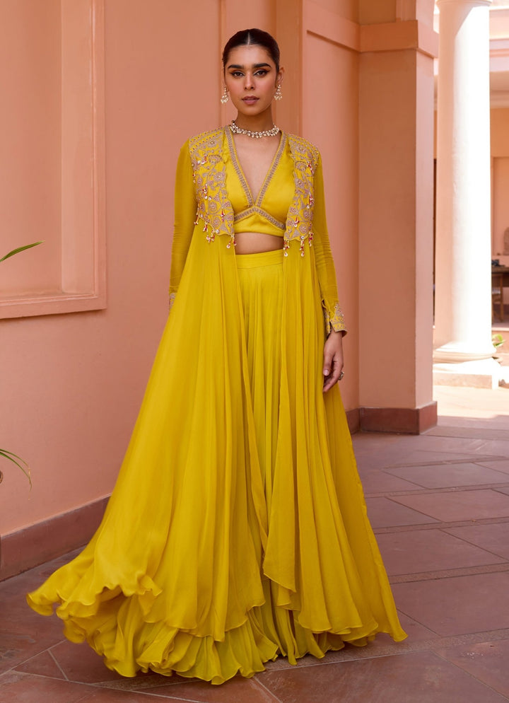 Yellow Embroidered Sharara Set With Cape Isha Gupta Tayal - Fabilicious Fashion