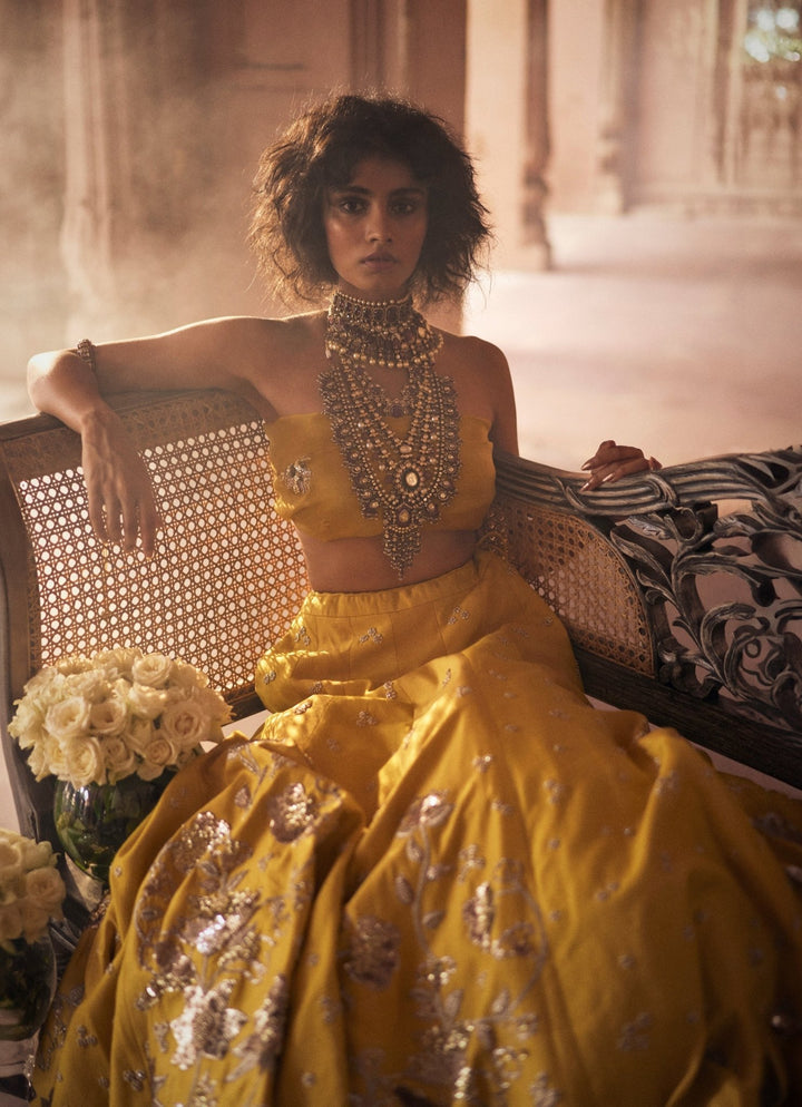 Yellow Embroidered Silk Lehenga Set Paulmi and Harsh - Fabilicious Fashion