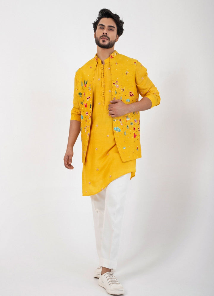 Yellow Embroidered Silk Nehru Jacket Smriti - Fabilicious Fashion