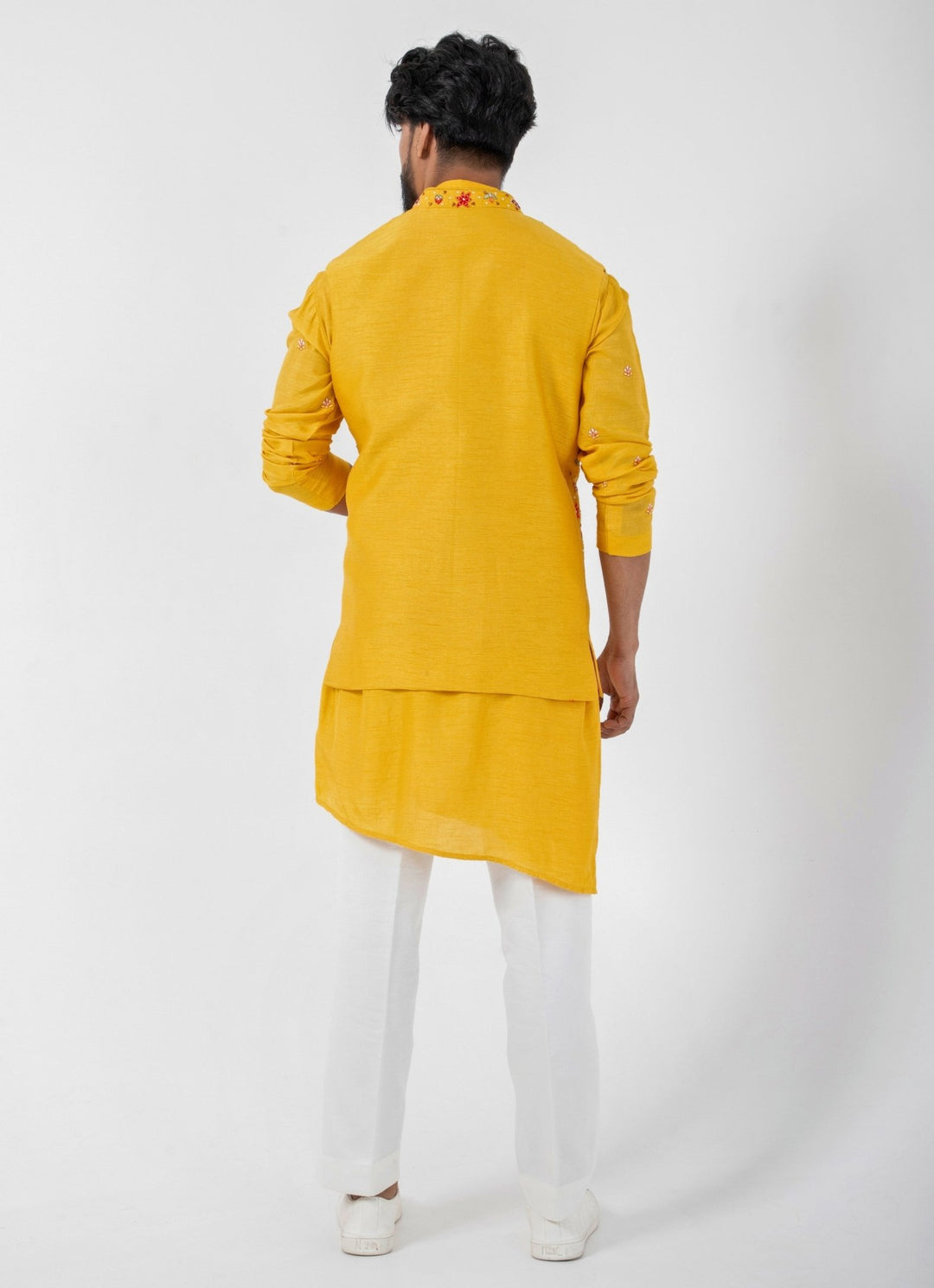 Yellow Embroidered Silk Nehru Jacket Smriti - Fabilicious Fashion