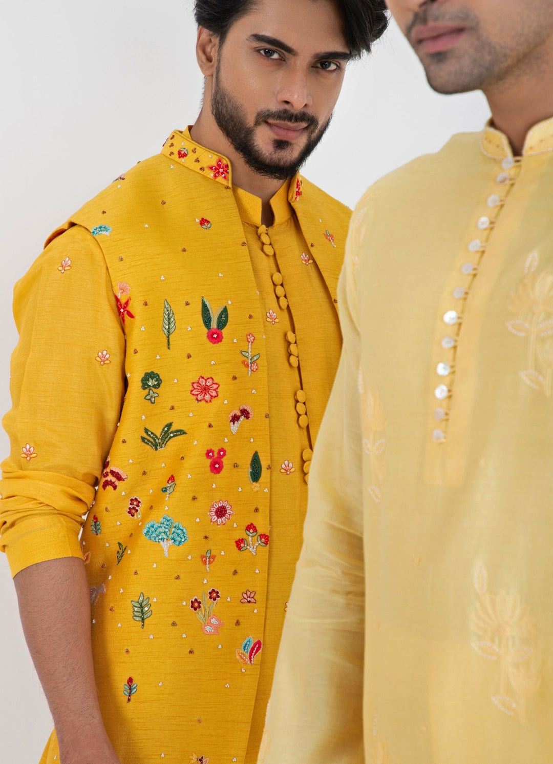 Yellow Embroidered Silk Nehru Jacket Smriti - Fabilicious Fashion