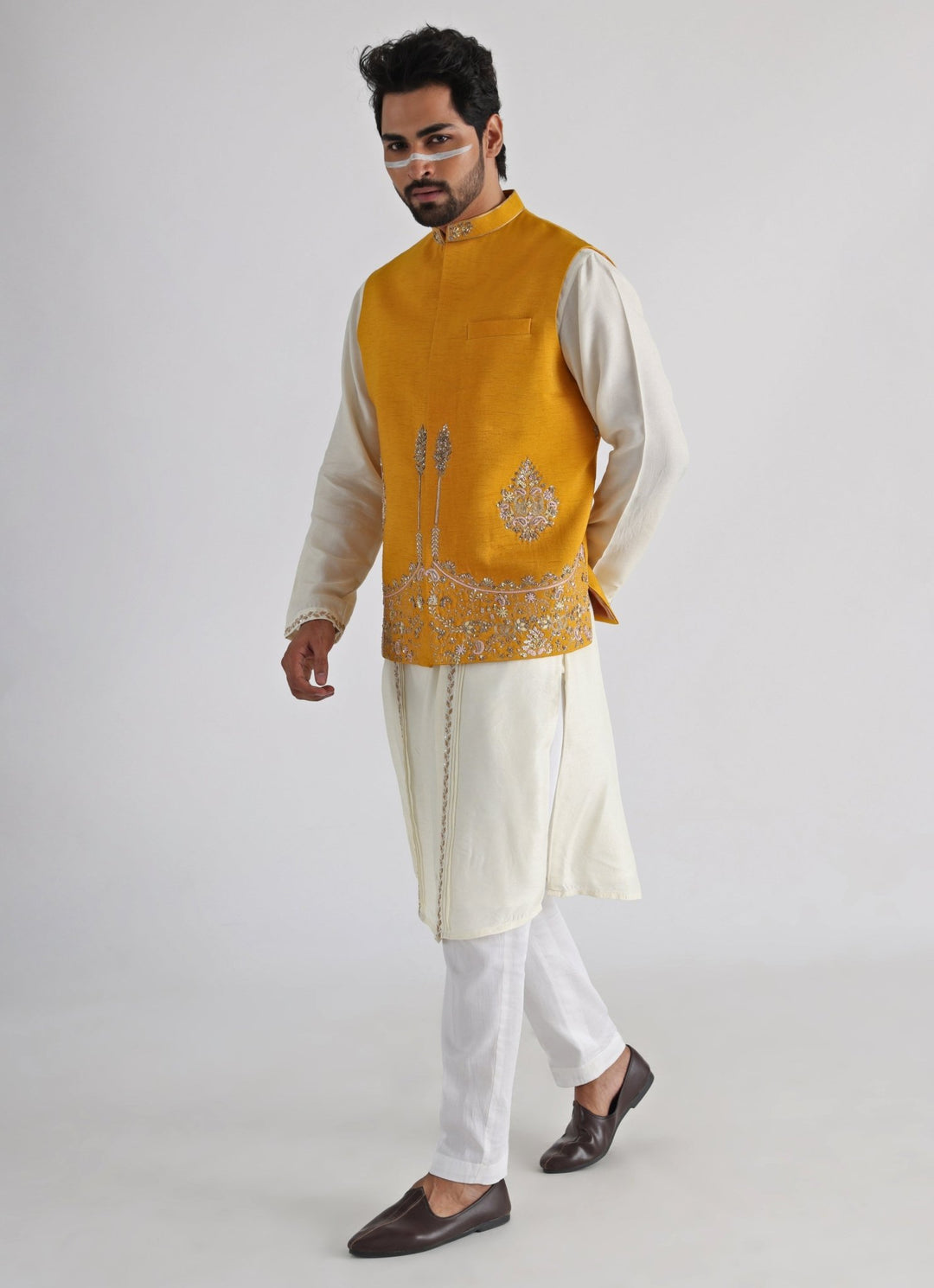 Yellow Embroidered Silk Nehru Jacket Smriti - Fabilicious Fashion