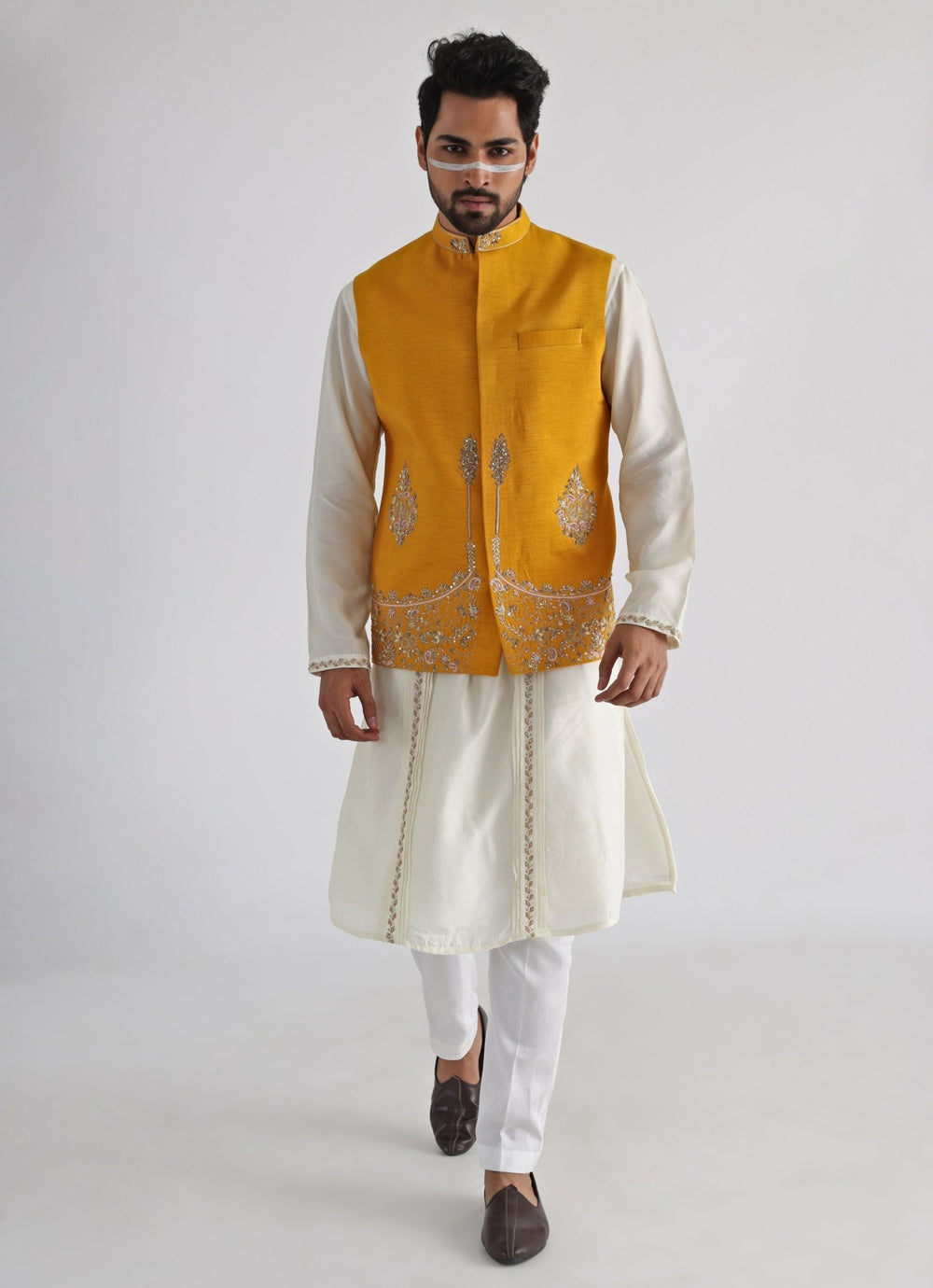 Yellow Embroidered Silk Nehru Jacket Smriti - Fabilicious Fashion