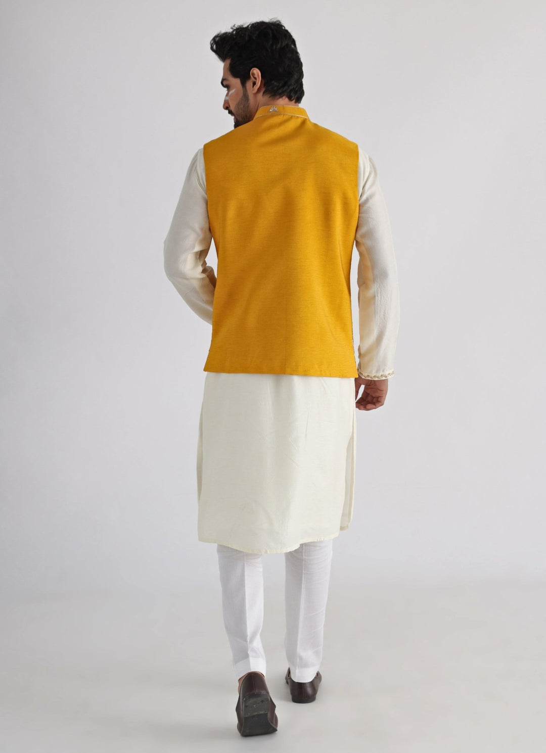 Yellow Embroidered Silk Nehru Jacket Smriti - Fabilicious Fashion