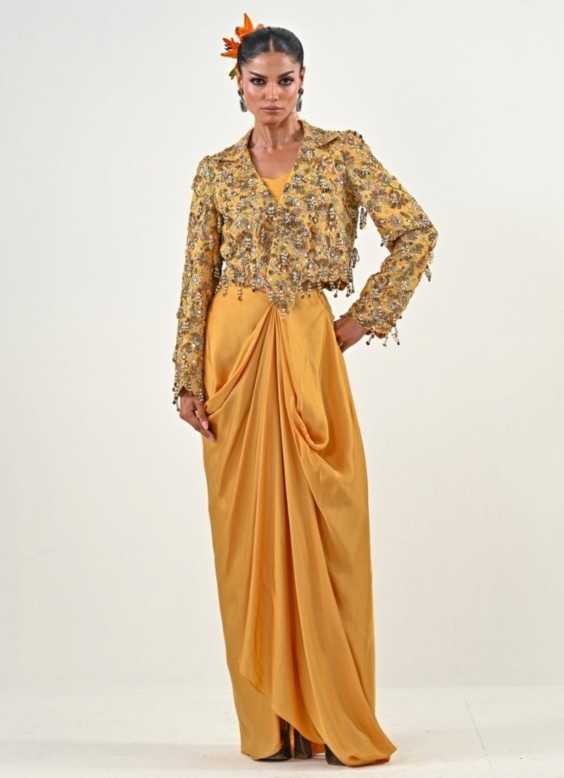 Yellow Embroidered Silk Satin Dhoti Set With Jacket Juhi Bengani - Fabilicious Fashion