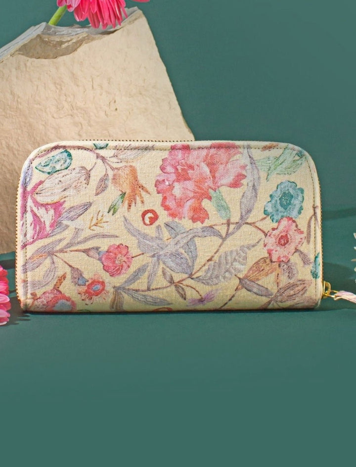 Yellow Embroidered Zip Wallet AMYRA - Fabilicious Fashion