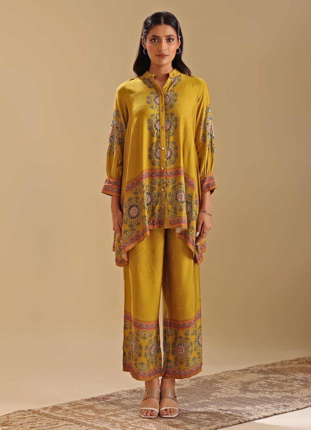Yellow Embroidery Mandarin Collar Cotton Silk Kurta And Pant Set Soup By Sougat Paul - Fabilicious Fashion