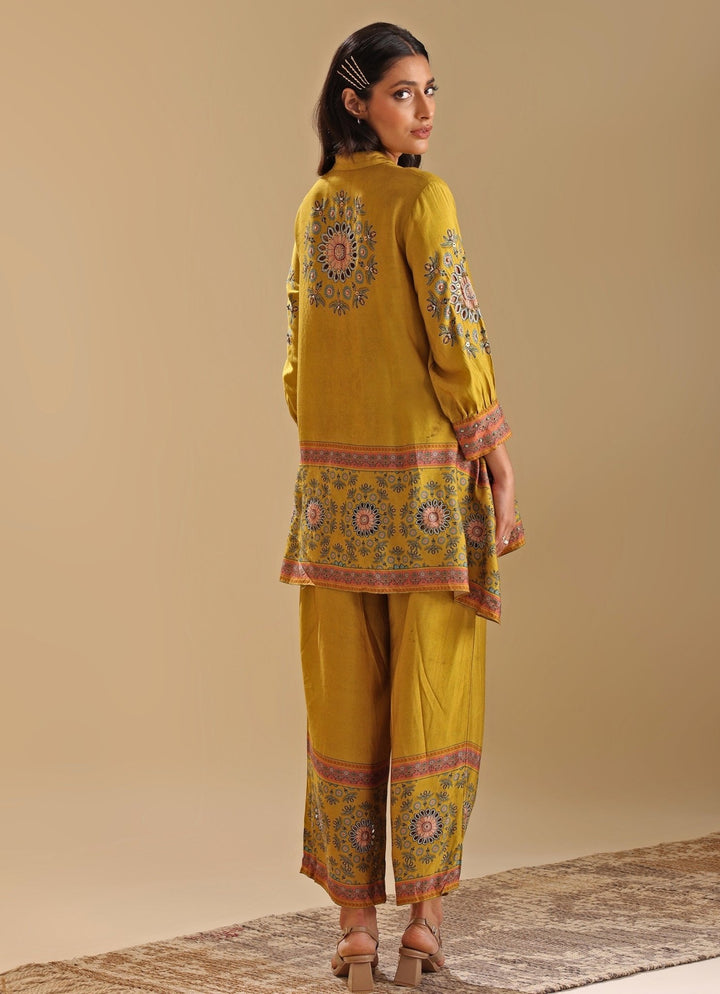 Yellow Embroidery Mandarin Collar Cotton Silk Kurta And Pant Set Soup By Sougat Paul - Fabilicious Fashion