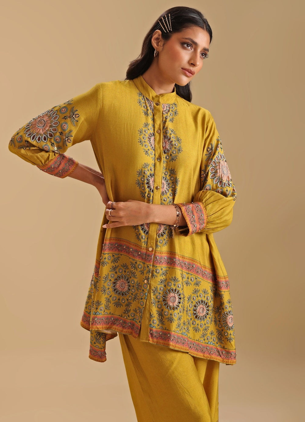 Yellow Embroidery Mandarin Collar Cotton Silk Kurta And Pant Set Soup By Sougat Paul - Fabilicious Fashion