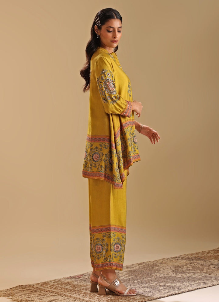 Yellow Embroidery Mandarin Collar Cotton Silk Kurta And Pant Set Soup By Sougat Paul - Fabilicious Fashion