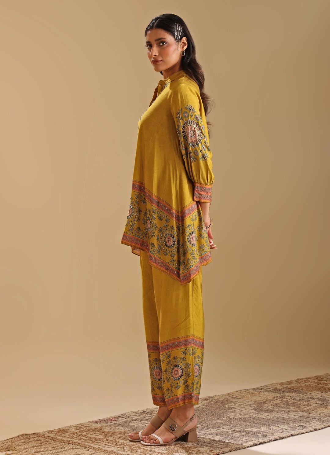 Yellow Embroidery Mandarin Collar Cotton Silk Kurta And Pant Set Soup By Sougat Paul - Fabilicious Fashion