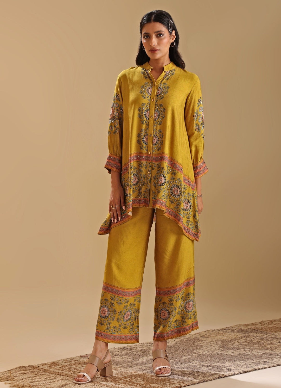 Yellow Embroidery Mandarin Collar Cotton Silk Kurta And Pant Set Soup By Sougat Paul - Fabilicious Fashion