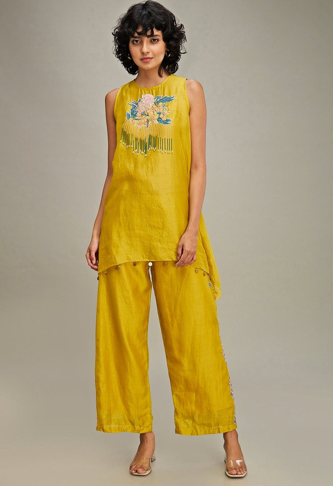 Yellow Floral Applique And Embroidered Chanderi Kurta And Pant Set Soup By Sougat Paul - Fabilicious Fashion