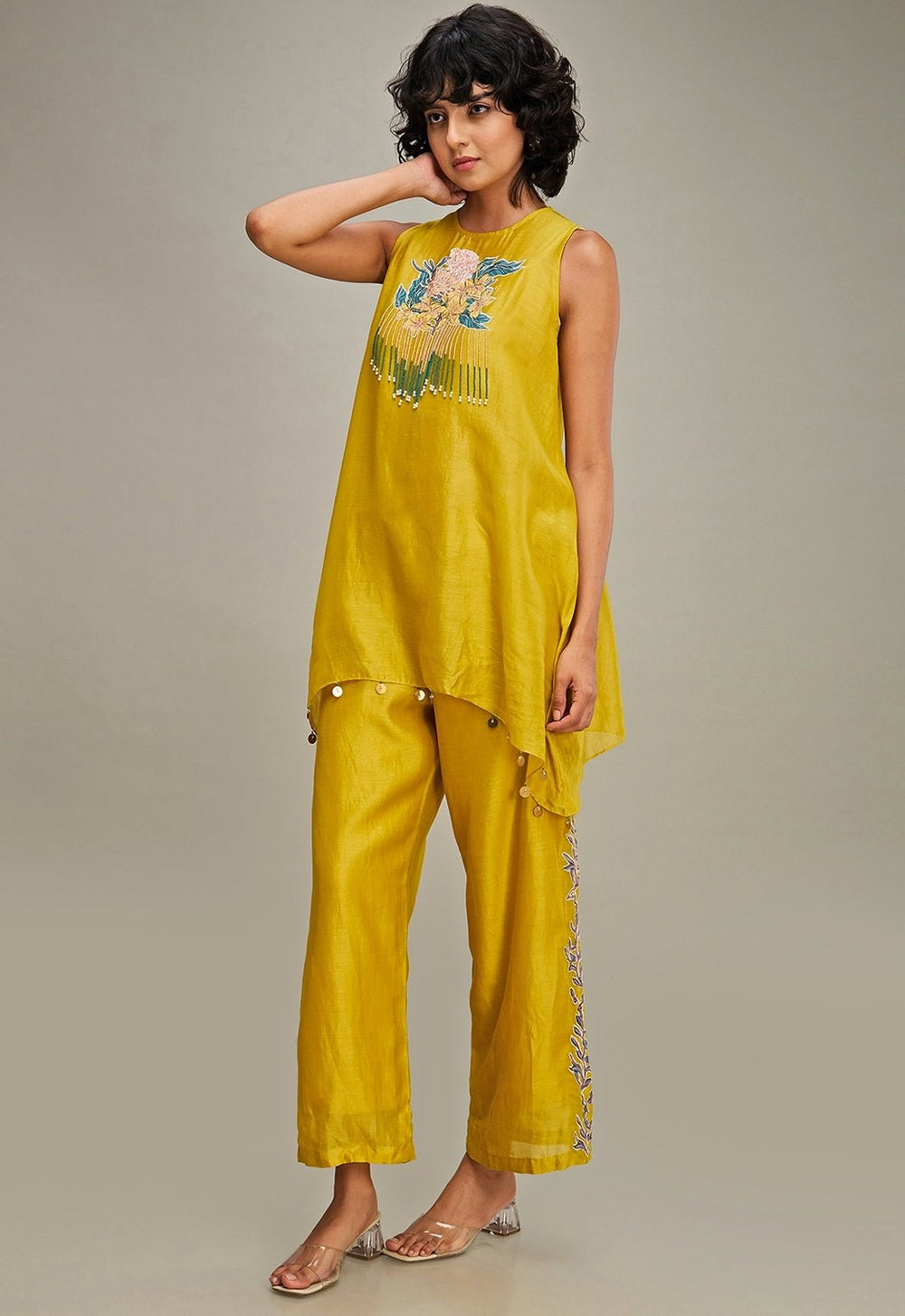 Yellow Floral Applique And Embroidered Chanderi Kurta And Pant Set Soup By Sougat Paul - Fabilicious Fashion