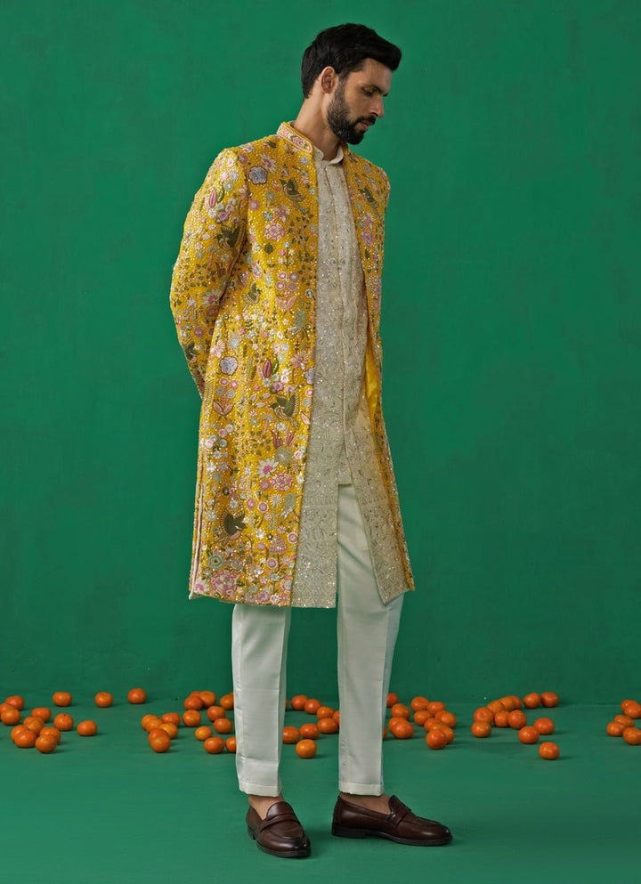 Yellow Floral Embroidered Georgette Long Jacket Kurta Set Kalpraag - Fabilicious Fashion