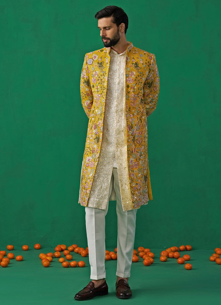 Yellow Floral Embroidered Georgette Long Jacket Kurta Set Kalpraag - Fabilicious Fashion