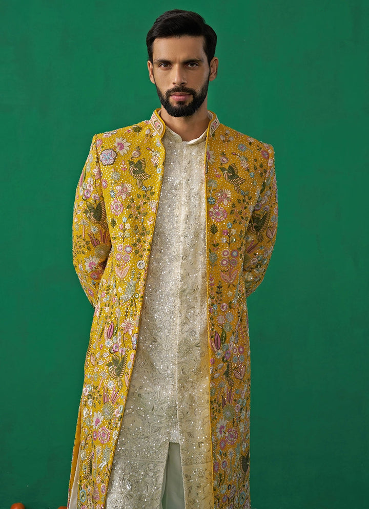 Yellow Floral Embroidered Georgette Long Jacket Kurta Set Kalpraag - Fabilicious Fashion