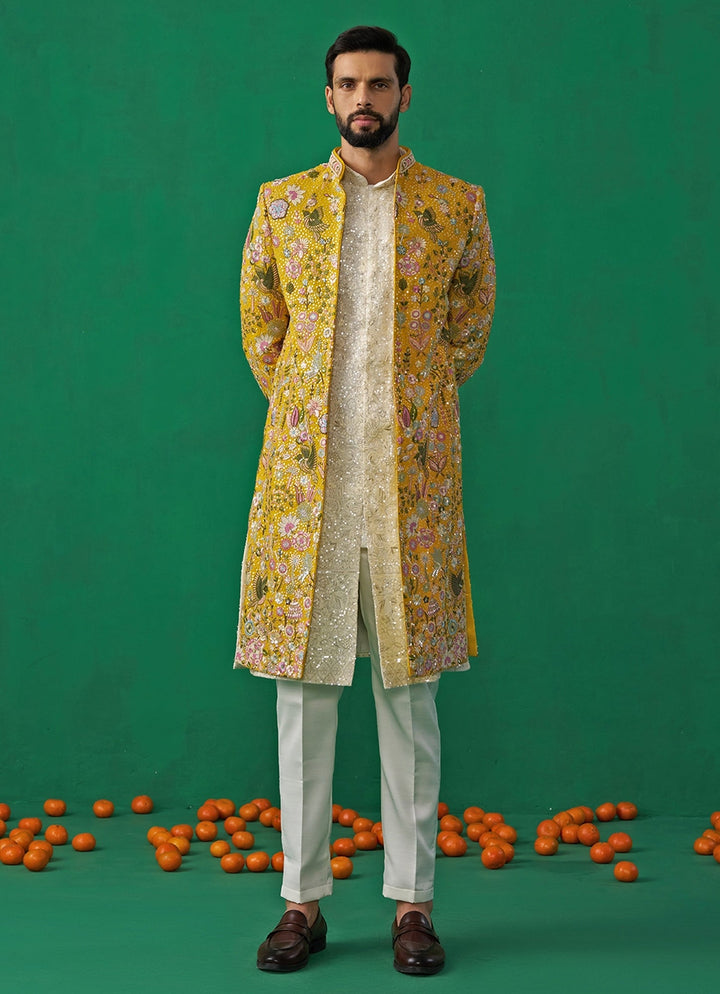 Yellow Floral Embroidered Georgette Long Jacket Kurta Set Kalpraag - Fabilicious Fashion