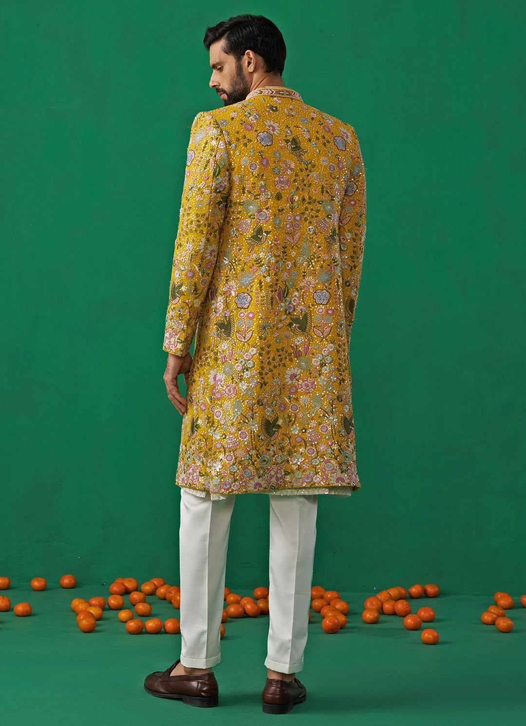 Yellow Floral Embroidered Georgette Long Jacket Kurta Set Kalpraag - Fabilicious Fashion