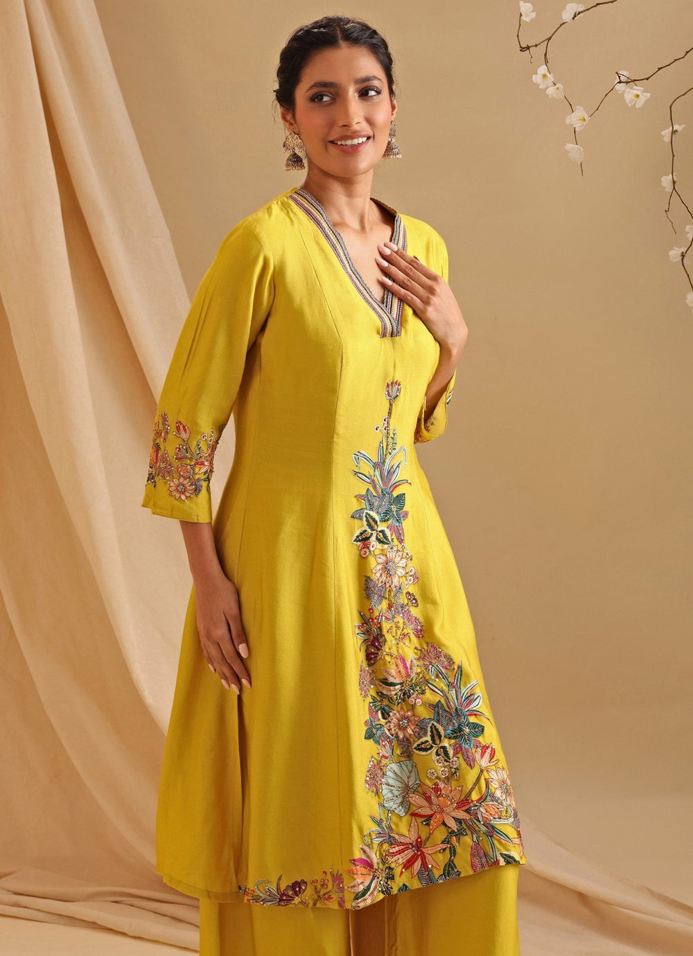 Yellow Floral Embroidery Chanderi Kurta With Pant Soup By Sougat Paul - Fabilicious Fashion