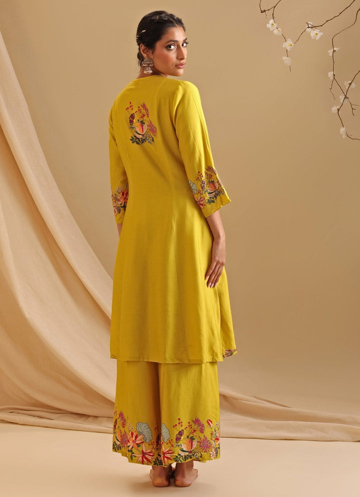 Yellow Floral Embroidery Chanderi Kurta With Pant Soup By Sougat Paul - Fabilicious Fashion