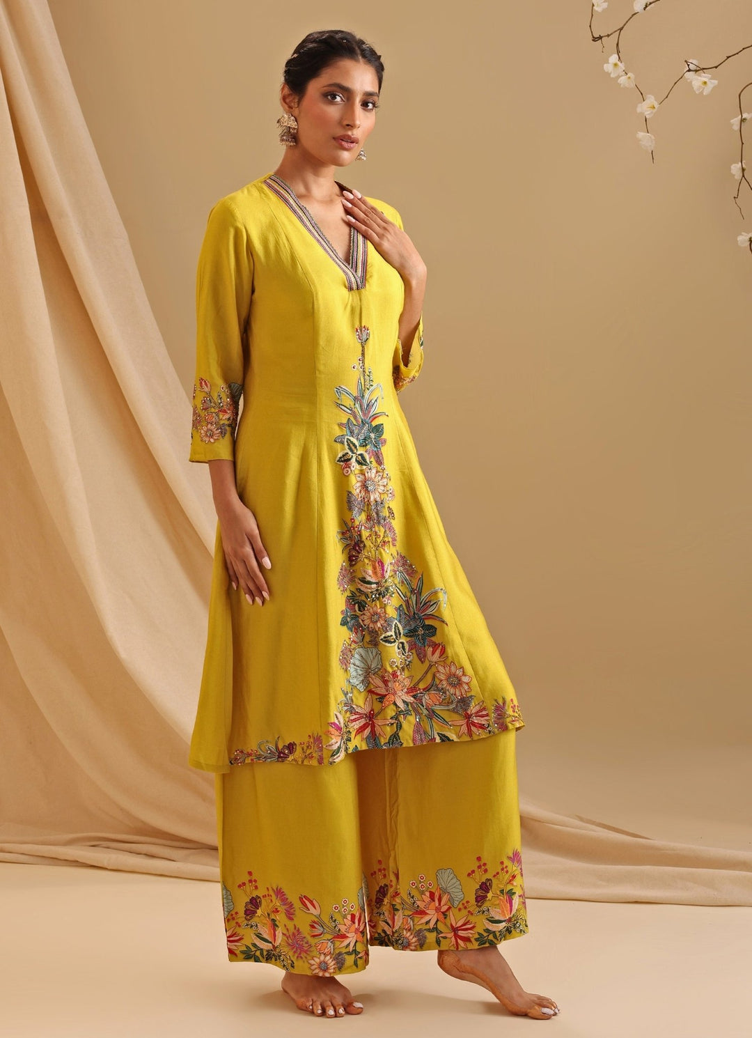 Yellow Floral Embroidery Chanderi Kurta With Pant Soup By Sougat Paul - Fabilicious Fashion