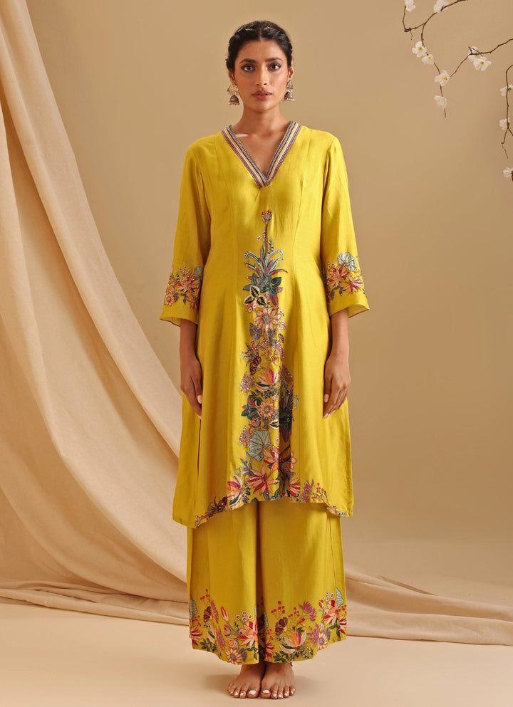 Yellow Floral Embroidery Chanderi Kurta With Pant Soup By Sougat Paul - Fabilicious Fashion
