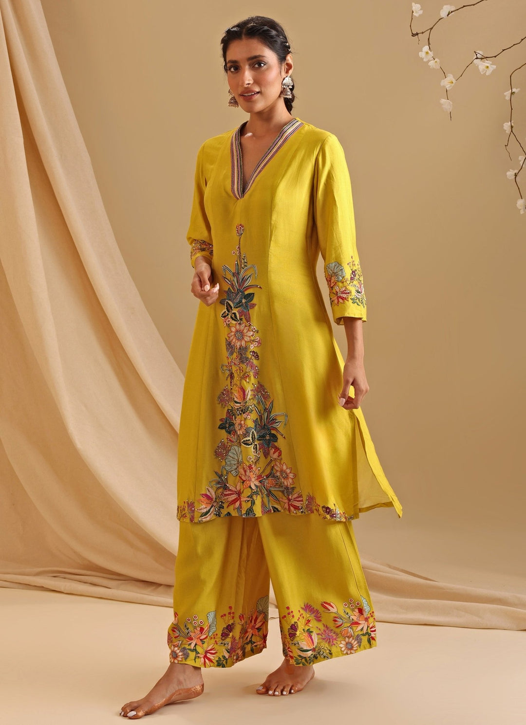 Yellow Floral Embroidery Chanderi Kurta With Pant Soup By Sougat Paul - Fabilicious Fashion