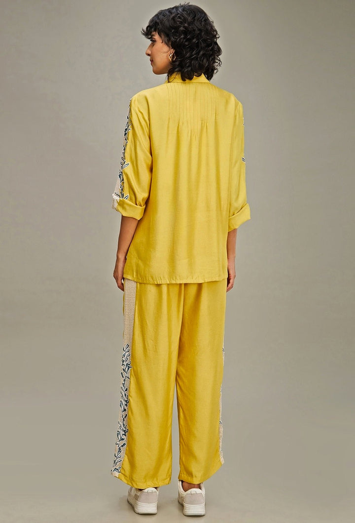 Yellow Floral Embroidery Chanderi Shirt And Pant Set Soup By Sougat Paul - Fabilicious Fashion