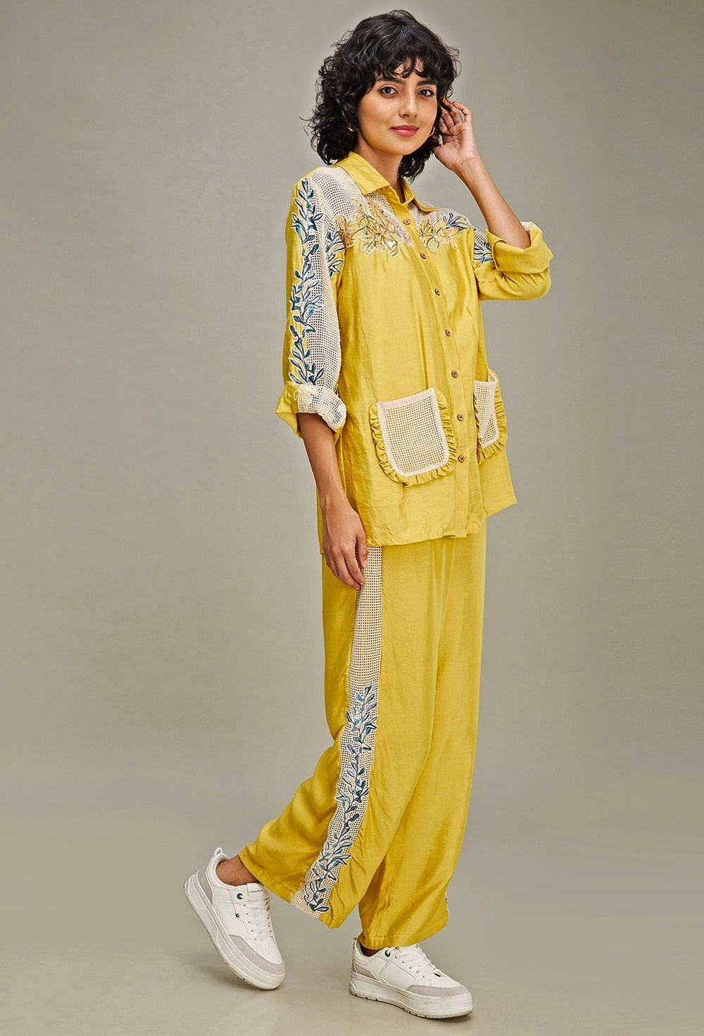 Yellow Floral Embroidery Chanderi Shirt And Pant Set Soup By Sougat Paul - Fabilicious Fashion