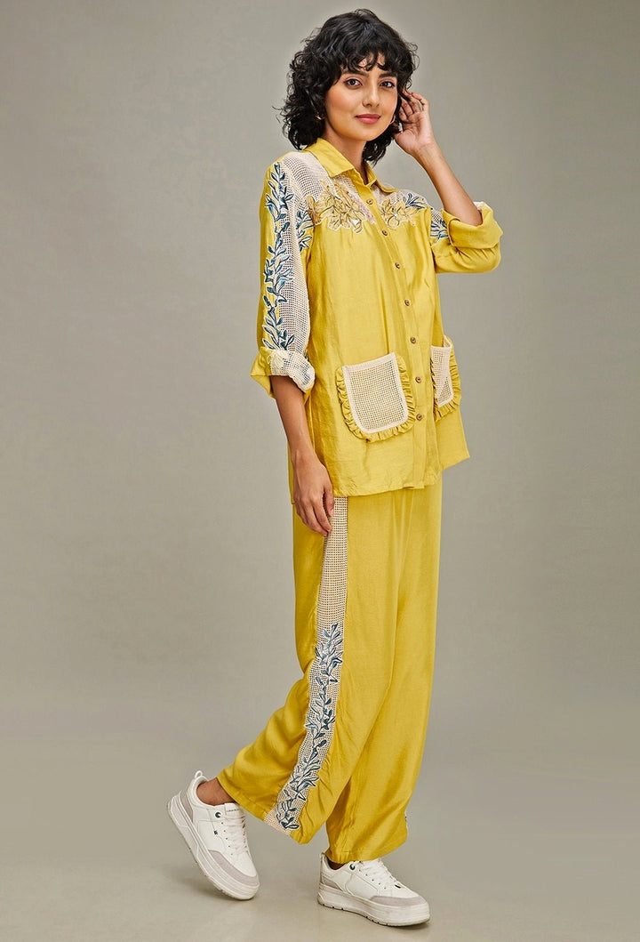 Yellow Floral Embroidery Chanderi Shirt And Pant Set Soup By Sougat Paul - Fabilicious Fashion