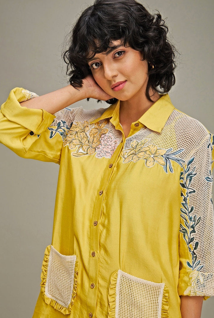 Yellow Floral Embroidery Chanderi Shirt And Pant Set Soup By Sougat Paul - Fabilicious Fashion