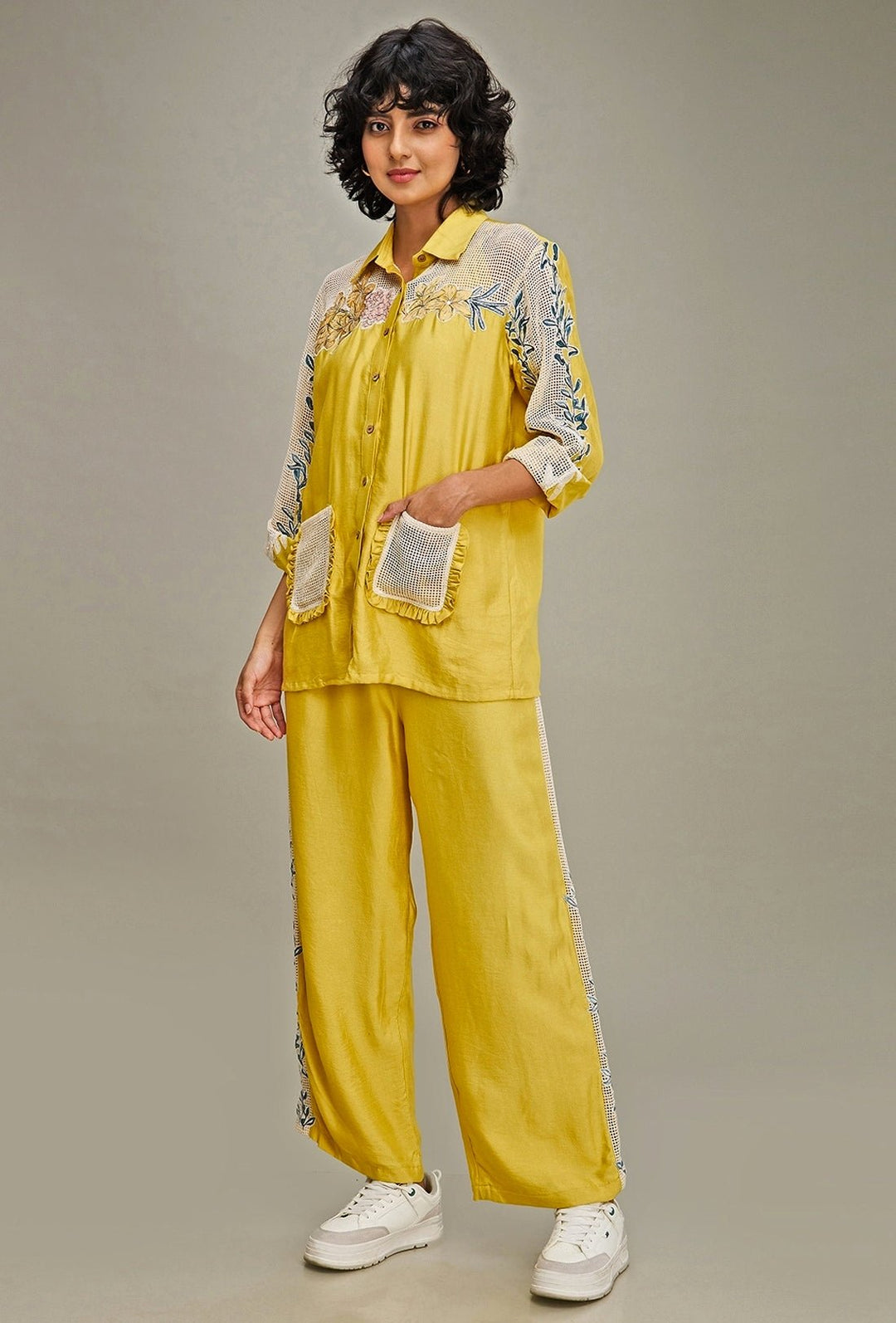 Yellow Floral Embroidery Chanderi Shirt And Pant Set Soup By Sougat Paul - Fabilicious Fashion