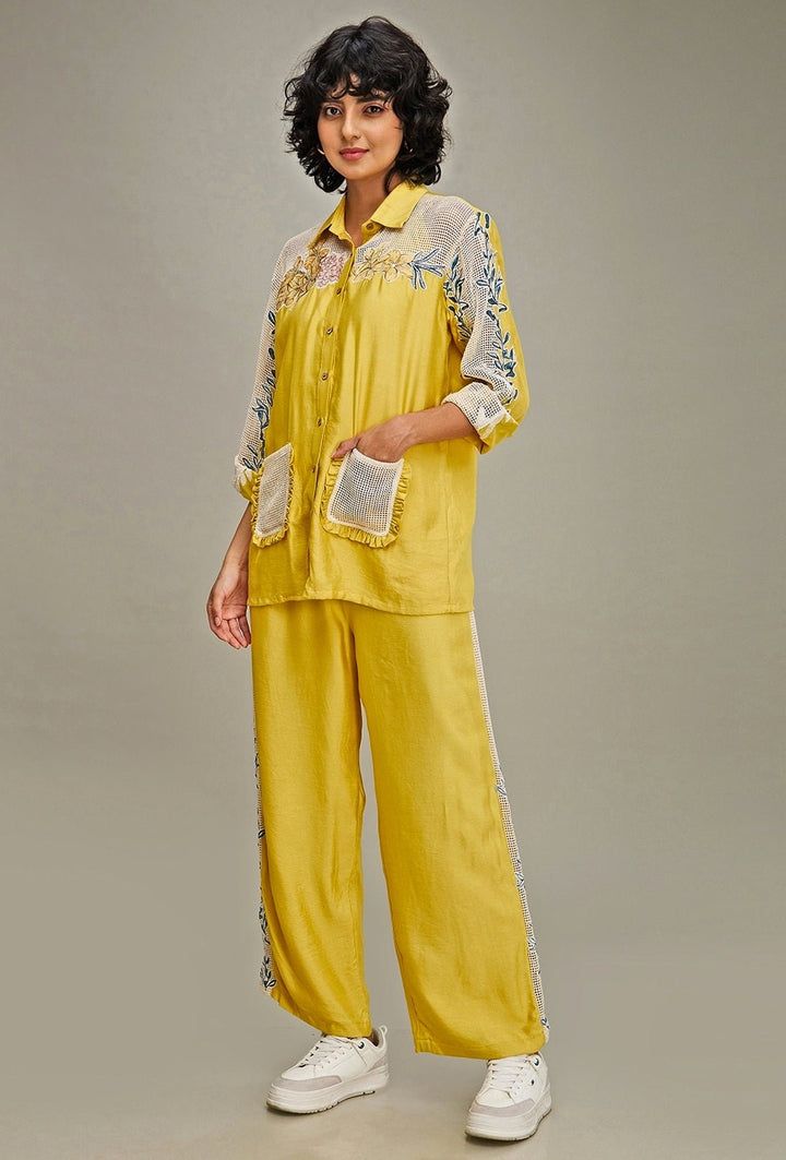 Yellow Floral Embroidery Chanderi Shirt And Pant Set Soup By Sougat Paul - Fabilicious Fashion