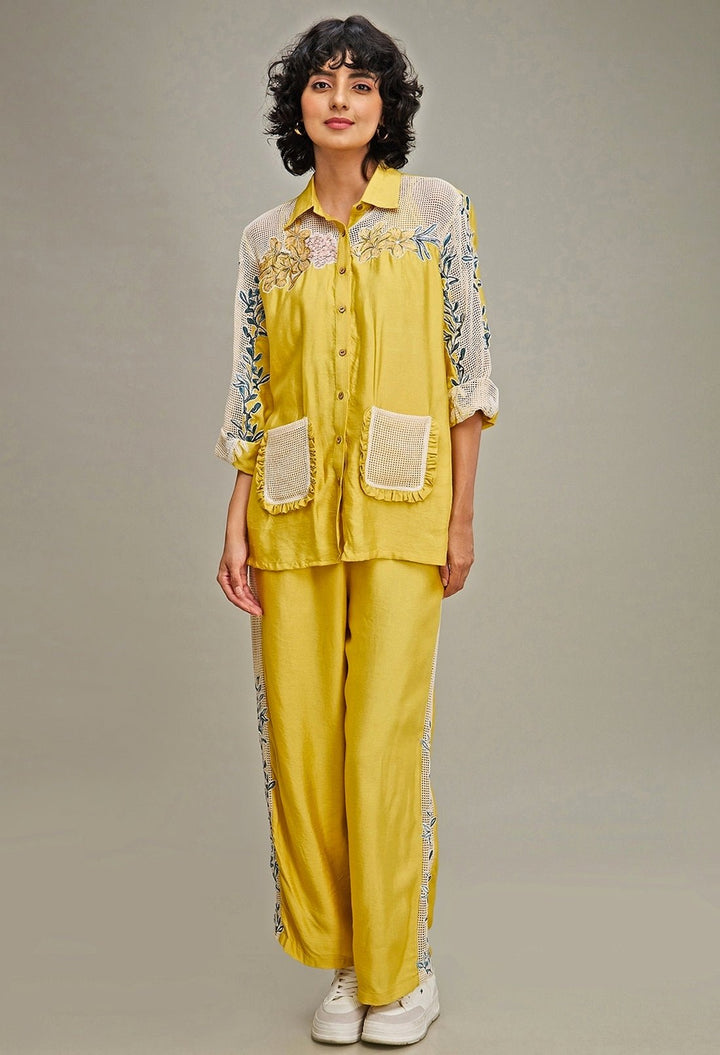 Yellow Floral Embroidery Chanderi Shirt And Pant Set Soup By Sougat Paul - Fabilicious Fashion