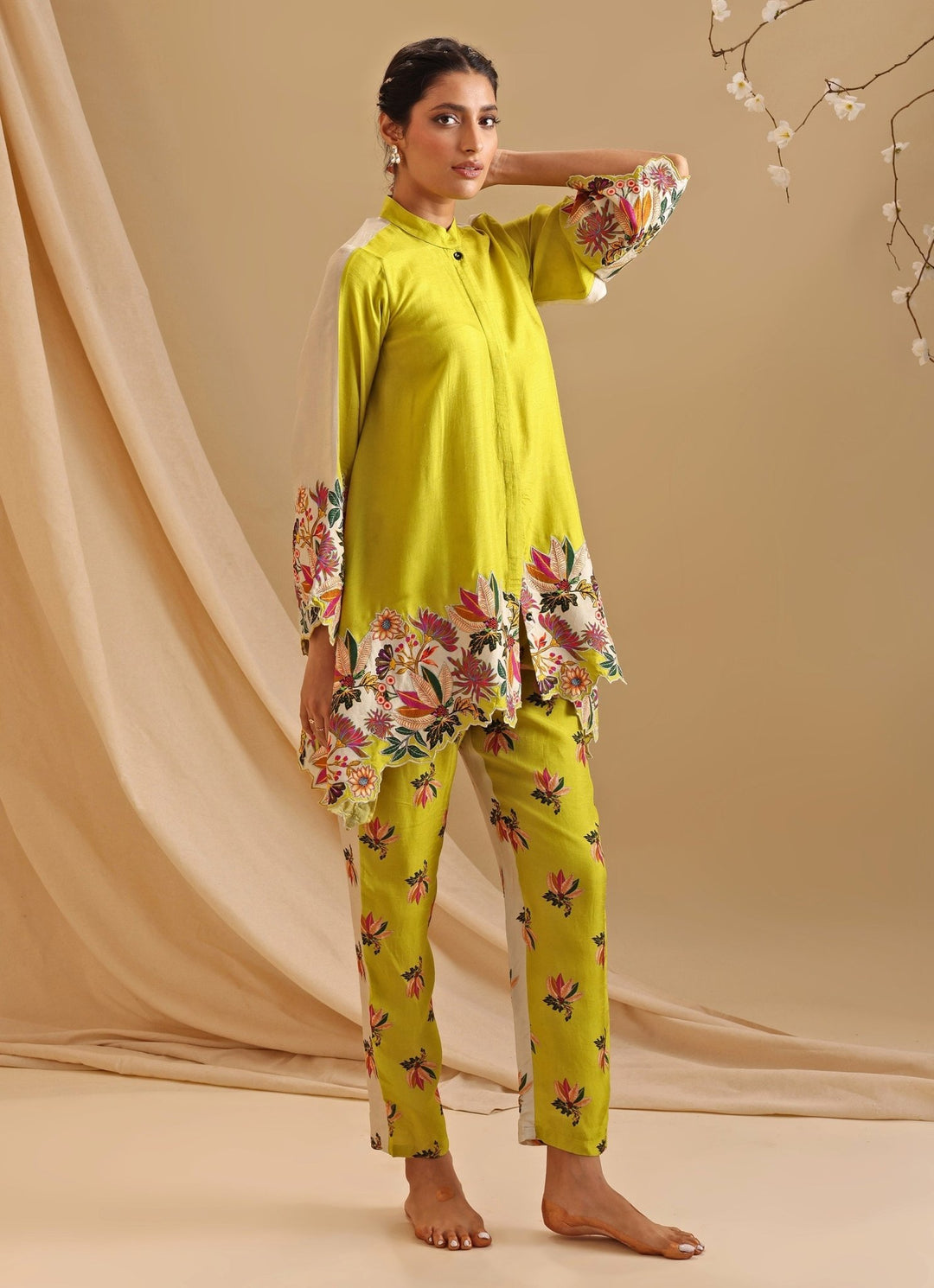 Yellow Floral Embroidery Silk Kurta And Pant Set Soup By Sougat Paul - Fabilicious Fashion