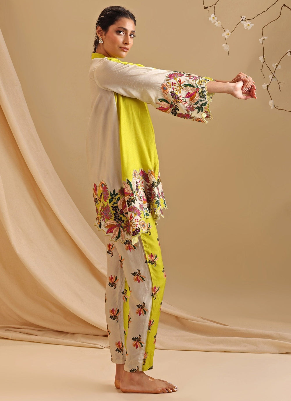 Yellow Floral Embroidery Silk Kurta And Pant Set Soup By Sougat Paul - Fabilicious Fashion