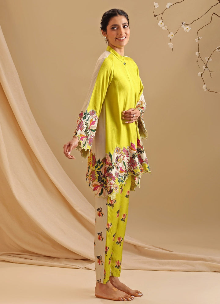 Yellow Floral Embroidery Silk Kurta And Pant Set Soup By Sougat Paul - Fabilicious Fashion